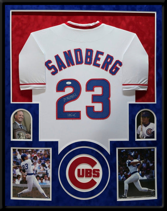 Suede Framed Chicago Cubs Ryne Sandberg Autographed Inscribed Jersey Jsa Coa