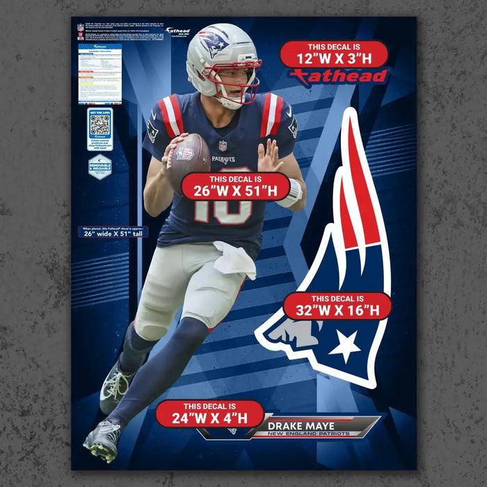 Drake Maye - RealBig Collection - Official NFL - New England Patriots - Reusable Vinyl Wall Decals Vinyl Die-Cut