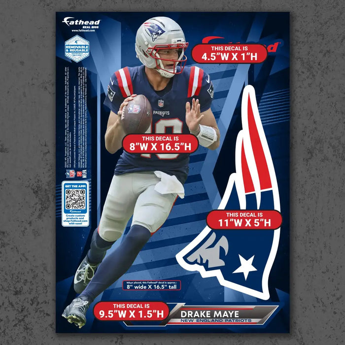 Drake Maye - RealBig Collection - Official NFL - New England Patriots - Reusable Vinyl Wall Decals Vinyl Die-Cut
