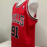 DENNIS RODMAN SIGNED RED M&N NBA SWINGMAN BASKETBALL JERSEY (JSA COA)